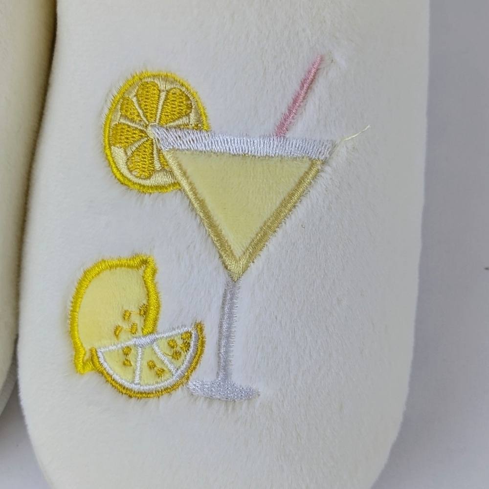 Slippers Lemon Drop Martini Embroidery Faux Fur Slip On Ivory M (6.5-7.5) NWT - Picture 3 of 13